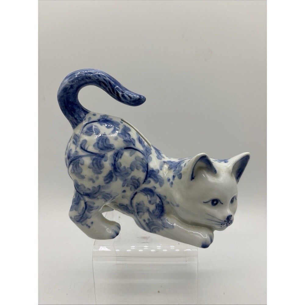 Vintage Blue & White Andrea By Sadek Cat Figurine Bank, 5” Tall x 6” Wide